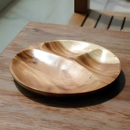 Round three-compartment wooden dish